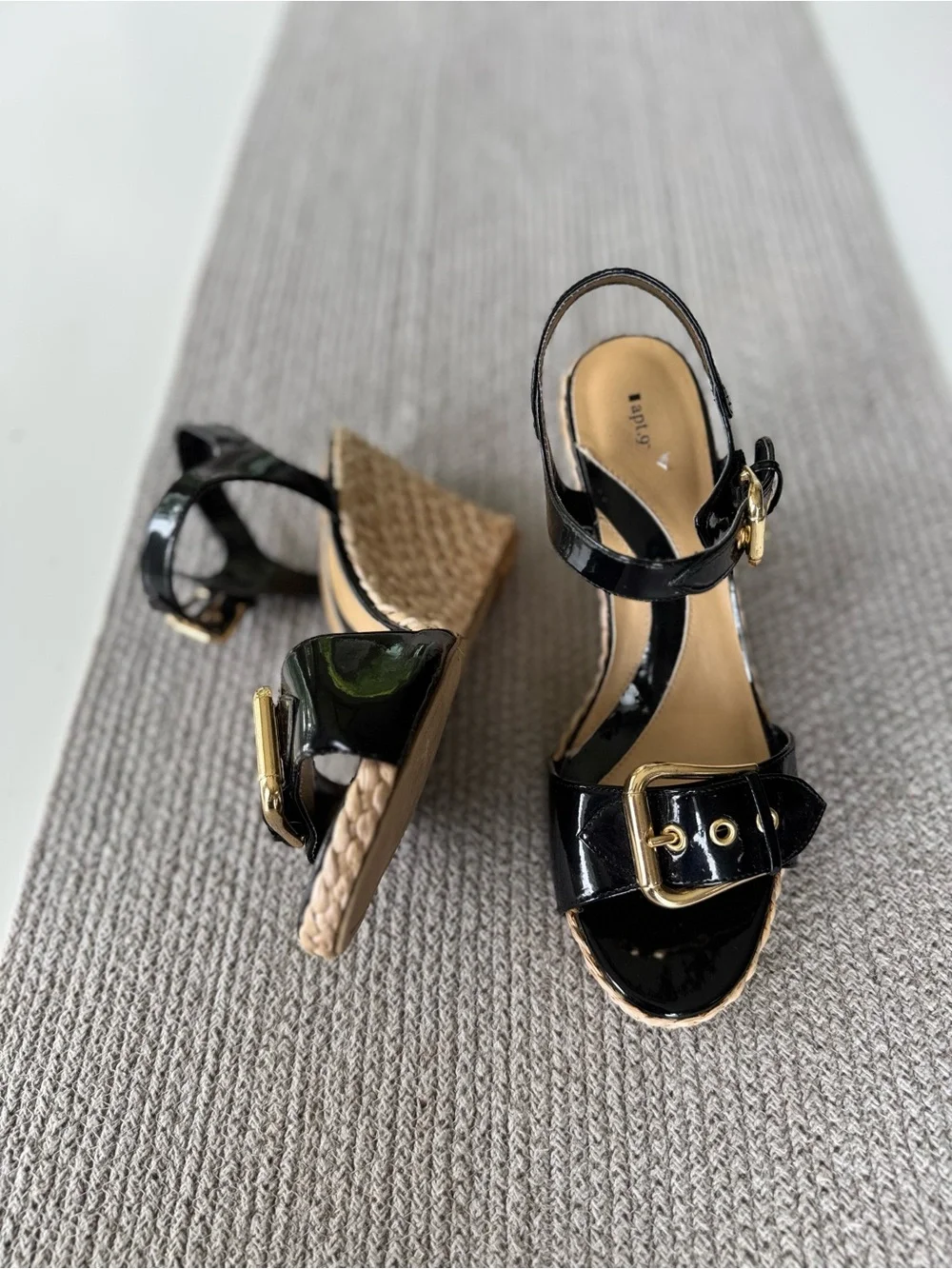 Apt. 9 Black Patent Ankle Strap Wedge Sandals with Oversized Gold Buckles Sz 9